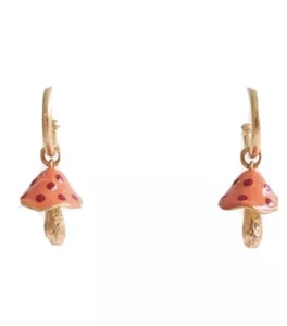 Zara Red & Orange Enameled Toadstool Pendant Irregular Open Hoop Earrings - Picture 1 of 6