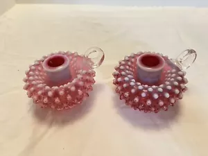Fenton Cranberry Hobnail Opalescent Pair Finger Loop Candlestick Holders Vintage - Picture 1 of 4