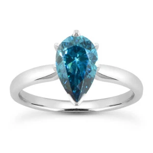 Blue Diamond Solitaire Ring Pear Shape Treated 14K White Gold VS2 1.02 Carat - Picture 1 of 5