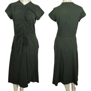 eShakti cap sleeve Ruched drawstring Cotton Jersey dark olive green dress 14 - Picture 1 of 16
