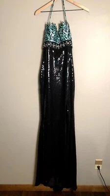 Vestido maxi Terani feminino preto azul estampa de animais lantejoulas tamanho 6 - Imagem 1 de 4