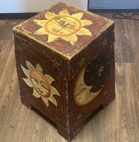 Sun And Moon Hand Made Wooden Step Stool Garden Seat Wooden Box Vintage Cover