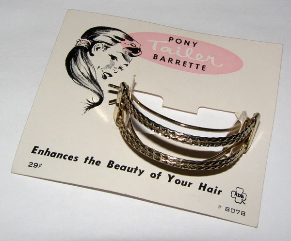 ВИНТАЖНЫЙ BARRETTE ПОНИ ХВОСТ МЕТАЛЛИЧЕСКИЙ ЗАКОЛКА ЗОЛОТОЙ ОРИГИНАЛЬНОЙ КАРТЫ МЕРТВЫЙ ЗАПАС • 1950-е - Изображение 1 из 1