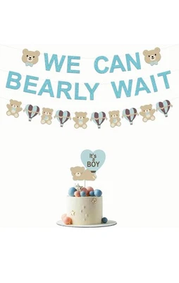 Teddy Bear We Can Bearly Wait Banner In Blue For Boys Baby Shower Party Banner - Image 1 of 4