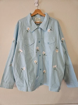 Quacker Factory 2X Blue Gingham Daisy Light Jacket Top - Image 1 of 4
