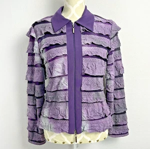 FRANK LYMAN Jacket Womens Sz 10 Purple Full Zip Ruffle Collared Knit Career Art - Picture 1 of 9