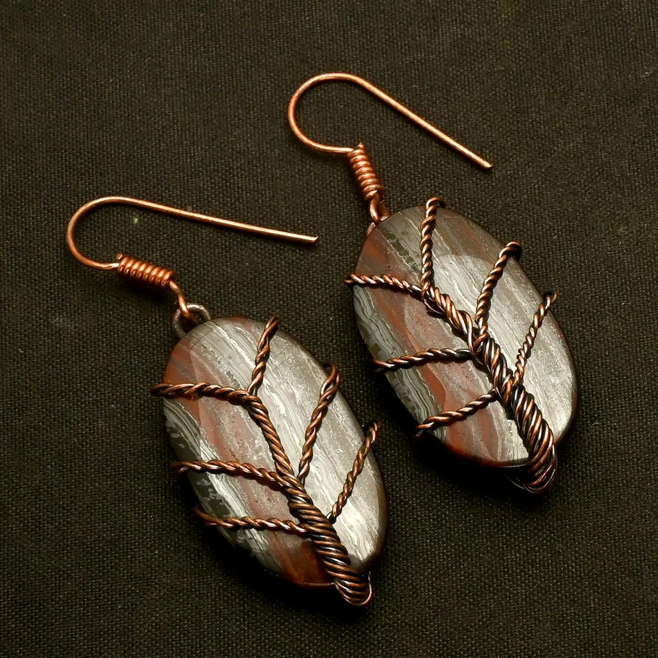 Iron Tiger Eye Gemstone Drop Dangle Copper Wire Earrings Jewelry 2" AE-87668 - Image 1 of 1