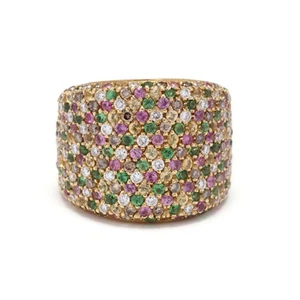 1.20ctw Wide Pave Diamond, Pink Sapphire, Tsavorite Garnet Band Ring, 18k YG - Picture 1 of 6