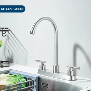 Brushed Nickel Kitchen Faucet Dual Handles High Arc Centerset Swivel Mixer Tap - Picture 1 of 13