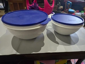 JUEGO DE 2 cuencos blancos Tupperware Thatsa vintage con tapas azules - 12 tazas y 6 tazas - Imagen 1 de 6