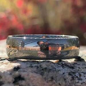 7mm White Damascus Steel Ring with 14k Solid Rose Gold Inlay