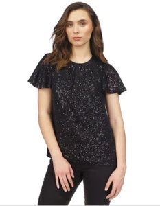 Michael Michael Kors Women Sequin Flutter Sleeve Top Black Petite Size PM - Picture 1 of 1