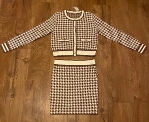 NWT Haute Monde Brown Houndstooth Skirt and Cardigan Sweater 2-Piece Set - M - Picture 1 of 10