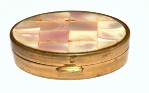 Vintage Max Factor Trinket Snuff Pill Lipstick Box Brass Mother of Pearl - Picture 1 of 5