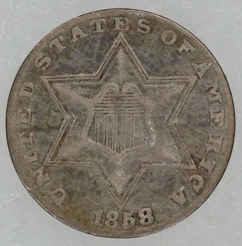 1858 TYPE 2 THREE 3 CENT SILVER 3CS CHOICE VF + CH VERY FINE PLUS (8806) Cover