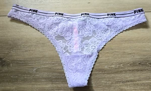 Victoria's Secret PINK Lavender Sheer Floral Lace Logo Waist Thong Panties M - Picture 1 of 3