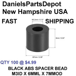x100 M3 ID X 6 MM L X 7MM OD BLACK ABS PLASTIC SPACER BEAD STAND OFF 3x6x7mm USA - Picture 1 of 10