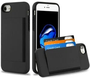 iPhone SE 2020 & iPhone 7/8 - Black Hybrid Credit Card Pocket Nonslip Case Cover - Picture 1 of 4