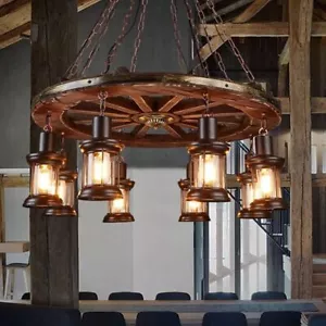 31.5" 8-Lights Wagon Wheel Chandelier Wooden Pendant Lamp Rustic Ceiling Light - Picture 1 of 10