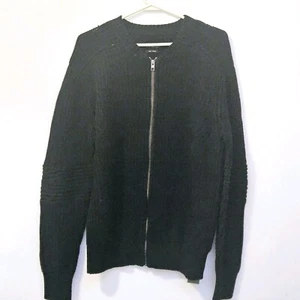 All Saints Moat Bomber Zip Cardigan Black Men’s Large Ribbed Knit Sweater NWT - Picture 1 of 13