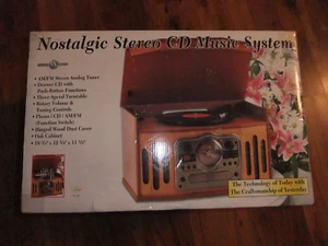NOSTALGIC OAK CABINET STEREO CD MUSIC SYSTEM AM/FM 3-SPEED TURNTABLE NEW SEALED - Picture 1 of 6