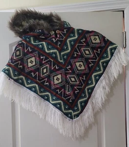 Youth Handmade Hooded Poncho Cape/ Fur Hat trim Native American Size M/L - Picture 1 of 10