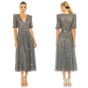 MAC DUGGAL 5995 Pewter Gray Sequin Beaded Embellished V-Neck Tea Length Gown 12 - Picture 1 of 4