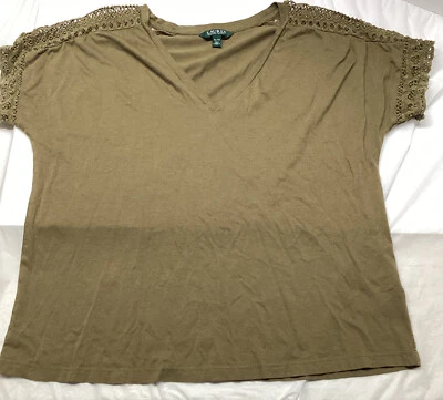 Blusa Top LAUREN RALPH LAUREN Mujer Manga Corta Verde Encaje Cuello en V XL Foto 1 de 4