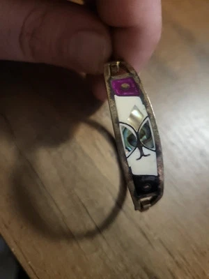 Vintage Child’s Mexico Alpaca Silver Hinged Bracelet Abalone Inlay Flower - Image 1 of 4