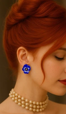 Chico’s Pansy Flower Earrings Enamel Silver Stud Blue CZ Crystal Purple VTG - Image 1 of 4