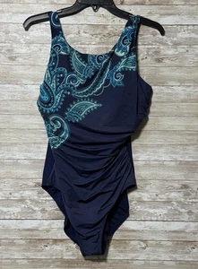 Lands End Navy One Piece Swimsuit 14 DDD Paisley Built In Wireless Bra - Picture 1 of 10