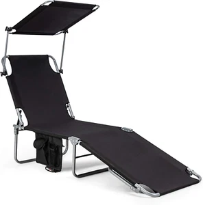 Tanning Chair, Patio Chaise Lounge Chair with 5 Adjustable Position, Shade Canop - Picture 1 of 12