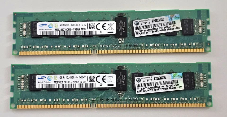 SAMSUNG HP 2x 4GB (8GB SET) 1RX4 PC3L 10600R-09-11-C2-P2 DDR3 1333MHz MEMO CARDS - Image 1 of 1