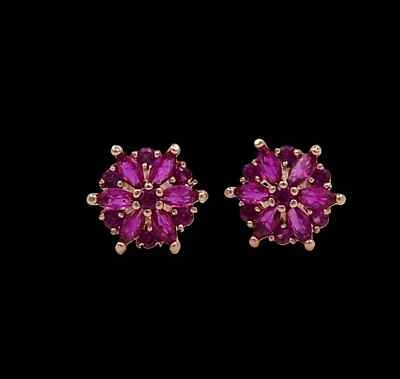 925 Sterling Silver 2.5x4mm Ruby 3/8'' Cluster Earrings Rose Gold-Plated - Image 1 of 2