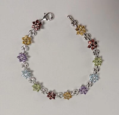 Multi-Gemstone & Diamond Flower 7.5"  Bracelet 925 Silver 14K Gold Plated - Image 1 of 3