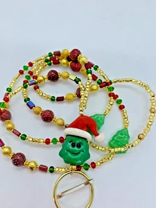 NEW Handmade Santa  CHRISTMAS TREE Goldtone  Beaded  Lanyard 37" - Picture 1 of 5