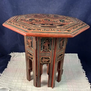 Vintage Burmese / Asian Hand Painted Accent Folding Bedside Table Red Lacquer - Bild 1 von 12