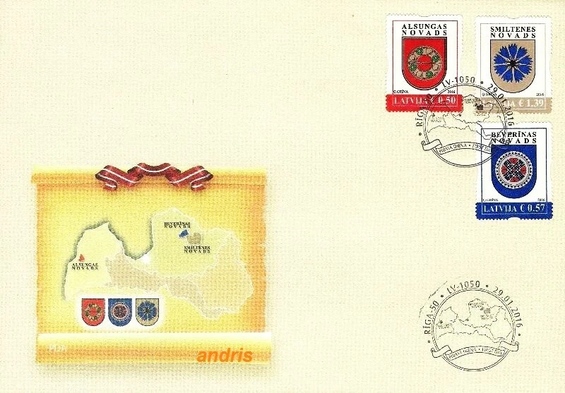 Latvia 2016 (02) Coat of Arms - Districts of Alsunga, Beverina, Smiltene (u.fdc) - Image 1 of 1