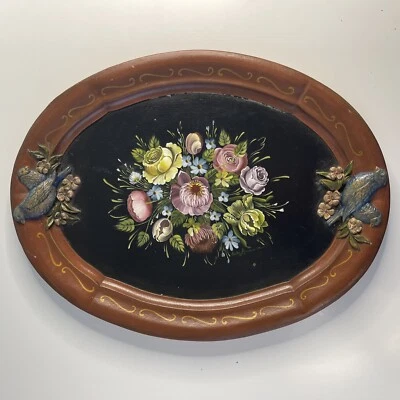 RARE Erika Ammann Swiss Tole Tray Signed VTG Original Folk Art Floral 3D Birds - Image 1 of 4
