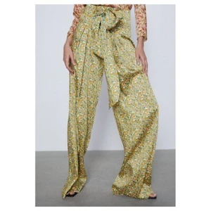 Zara Women Green & Yellow Floral Satin High Waisted Wide Leg Tie-Waist Pants S - Picture 1 of 10