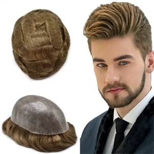 Mens Toupee Hairpiece All PU Skin All Poly Scalloped Front Human Hair Wig Soft - Picture 1 of 57