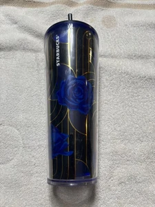 Starbucks Tumbler Straw Cobalt Blue & Gold Rose 24Oz Cold Cup USED - Picture 1 of 4