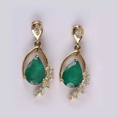 Pear Cut Simulated Green Emerald Drop/Dangle Earrings In 14k Yellow Gold Plated - Image 1 of 4