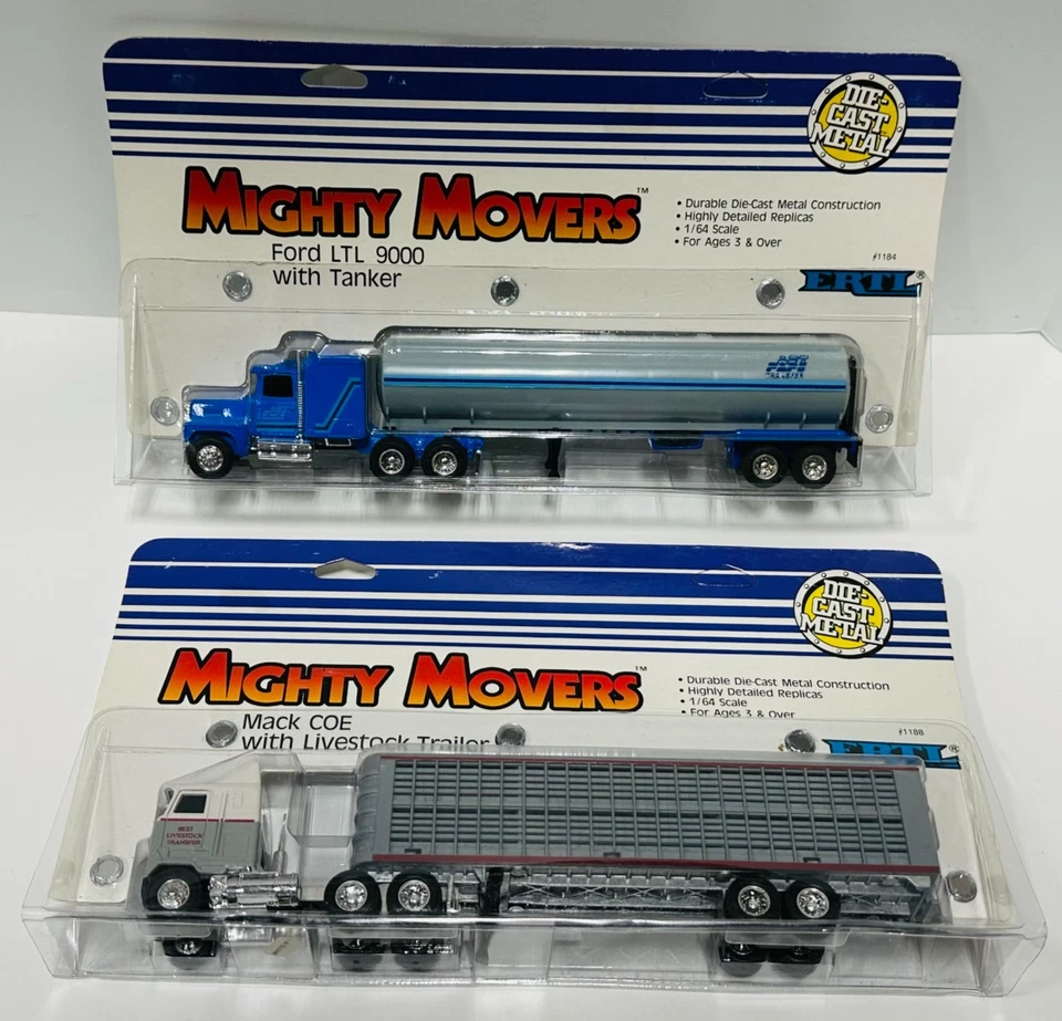 1987 Ertl Mighty Movers Mack COE w/ Livestock Trailer & Ford LTL 900 Tanker 1:64 - Image 1 of 4