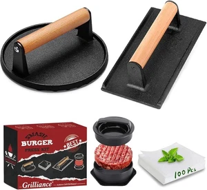 5-teiliges Smash Burger Press Set, 3 in 1 Hamburger Presse Patty Maker, Gusseisen Burge - Bild 1 von 6