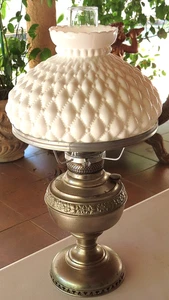 The Juno Kerosene Oil Lamp with Diamond Quilt Milk Glass Shade & Clear Flute - Picture 1 of 19