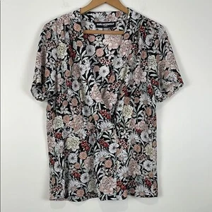 Karl Lagerfeld Women’s Large Wrap Top Floral Print Blouse Black Short Sleeve - Picture 1 of 6
