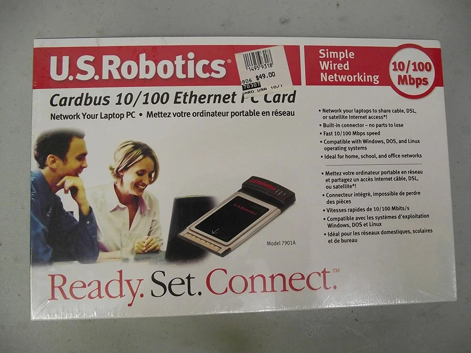 New 3com corp us robotics cardbus 10/100 ethernet pc card model 7901a - Image 1 of 2