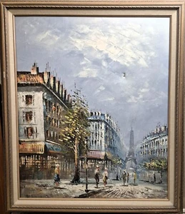 Framed Oil on Canvas – Paris Boulevard & Eiffel Tower by Mariella – 28"x24" - Picture 1 of 12