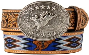 3D Western Boys Belt Youth Leather Bullrider Canvas Inlay Brown D120003927 - Picture 1 of 1